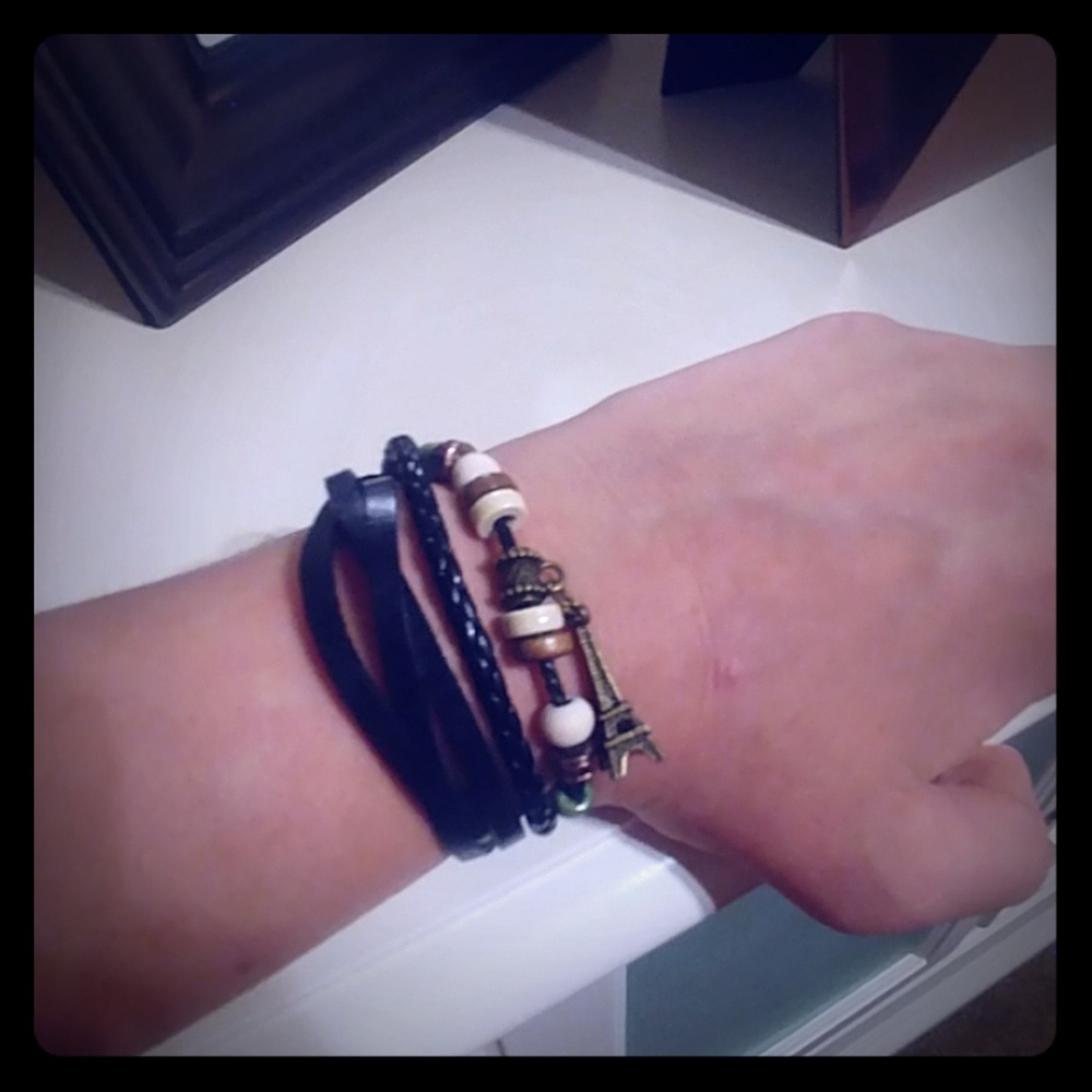 Multi-strand leather bracelet, Eiffel Charm